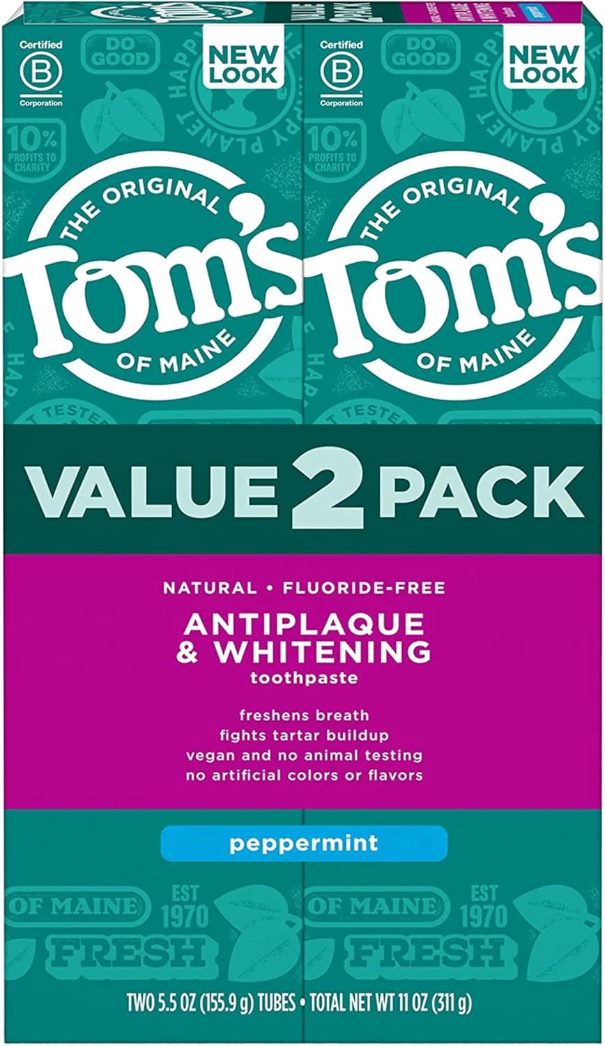 Tom's of Maine Fluoride-Free Antiplaque & Whitening Natural Toothpaste, Peppermint, 5.5 oz. (Pack of 2)