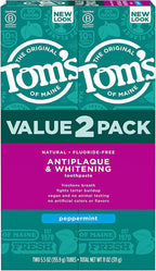 Tom's of Maine Fluoride-Free Antiplaque & Whitening Natural Toothpaste, Peppermint, 5.5 oz. (Pack of 2)