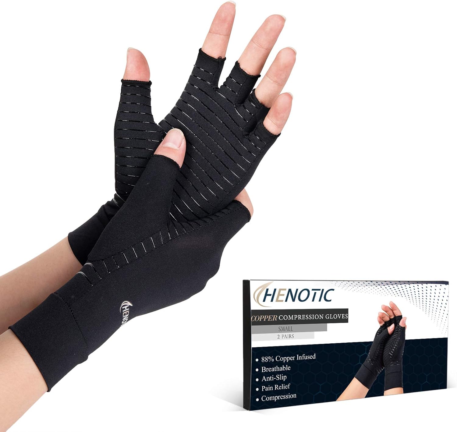 2 Pairs Copper Arthritis Gloves for Women Men, Fingerless Breathable & Moisture Wicking Arthritis Compression Gloves for Relieving Carpal Tunnel Aches, Rheumatoid Pains, Joint Swell