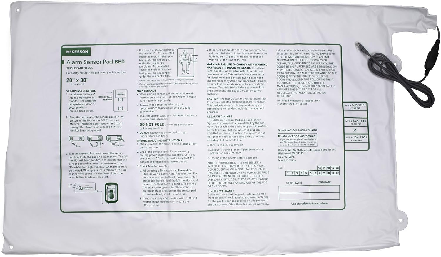 McKesson Alarm Sensor Pad for Beds - Vinyl, for use with Fall Prevention Monitors, Elderly Safety - 20 in x 30 in, 1 Count