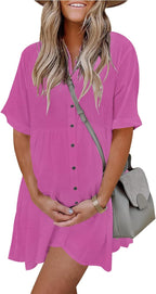 PYGFEMR Women's Short Sleeve Babydoll Dress Button Down Dresses with Pockets