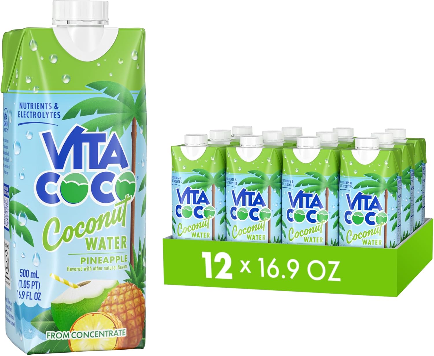 Vita Coco Coconut Water Naturally Hydrating Electrolyte Drink Smart Alternative to Coffee Soda and Sports Drinks Gluten Free, Pineapple, 16.9 Fl Oz (Pack of 12), 202.8 Fl Oz