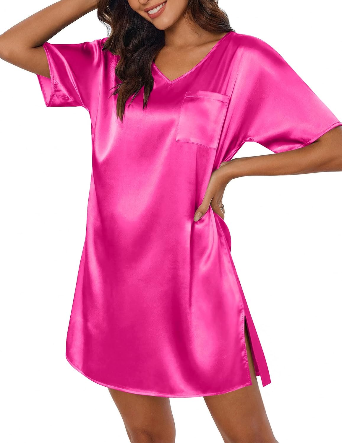 Ekouaer Women's Satin Nightgowns V Neck Side Split Sleepshirt Short Sleeves Sleepwear Chest Pocket Nightshirt S-XXL