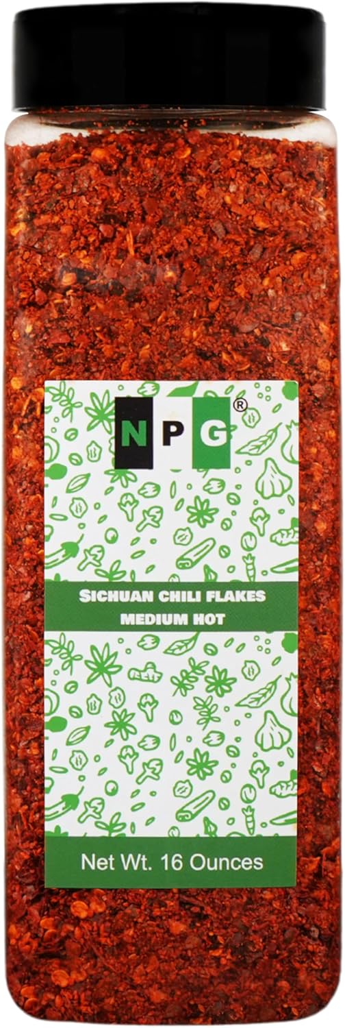 NPG Authentic Sichuan Chili Flakes 1LB 16 Ounces, Medium Hot, Szechuan Crushed Red Pepper Flakes Powder Bulk, Spice Seasoning for Making Kimchi, Chili Oil, Stir-fry, Pizza, Salads, BBQ, and Tacos