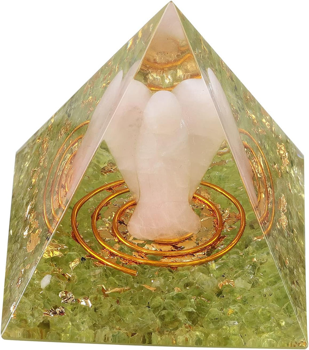 mookaitedecor Peridot Crystal Orgone Pyramid with Rose Quartz Guardian Angel and Tumbled Stones Orgonite Energy Generator for Protection Reiki Home Decor