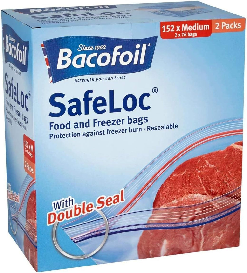 Bacofoil 3 x Safeloc, Medium, 152 Pk, White, Polyethylene, Snap Closure, Food Storage Bags