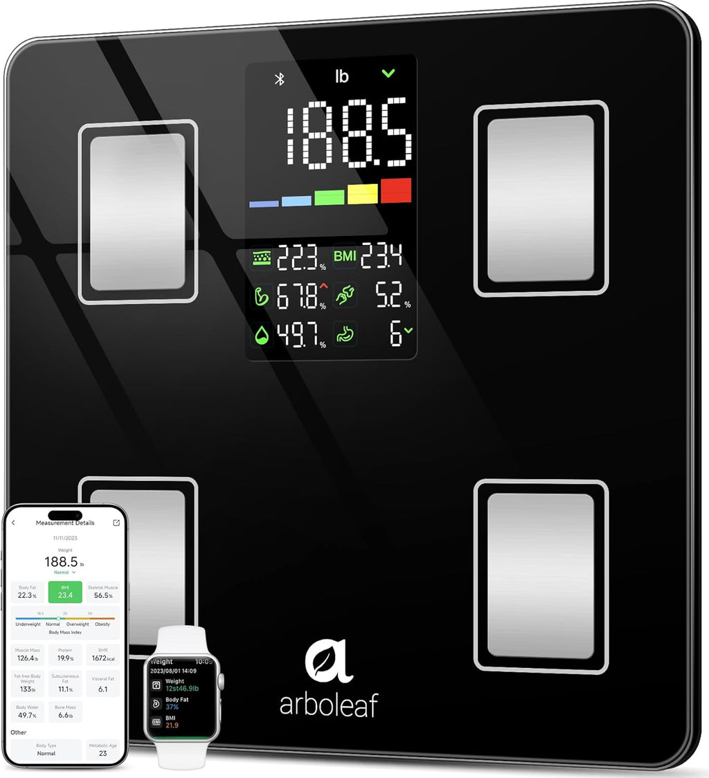 Arboleaf Smart Scale with BMI, Body Fat, Muscle Mass, Digital Bathroom Scale for Body Weight, 14 Body Composition Metrics, Large LED Display, Accurate Weighing Machine, App Sync, 400lbs, 11"