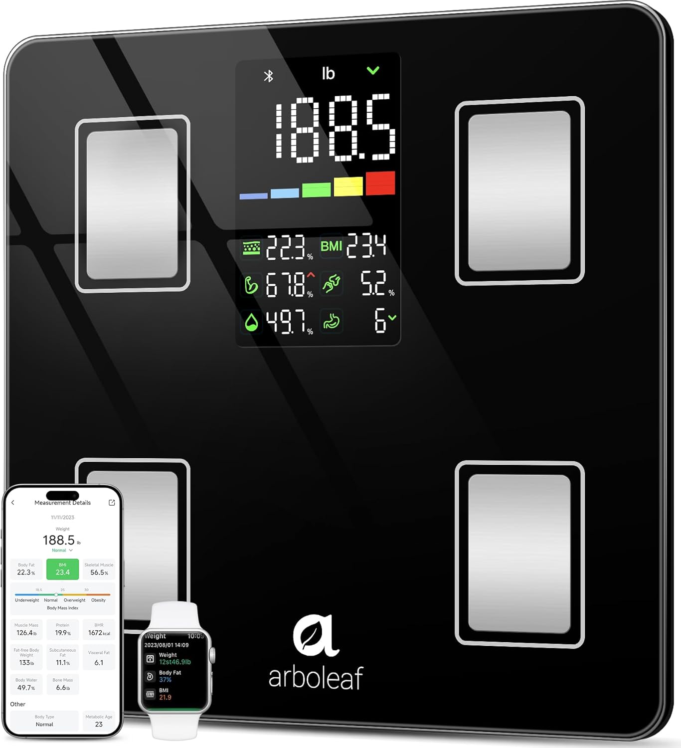 Arboleaf Smart Scale with BMI, Body Fat, Muscle Mass, Digital Bathroom Scale for Body Weight, 14 Body Composition Metrics, Large LED Display, Accurate Weighing Machine, App Sync, 400lbs, 11"