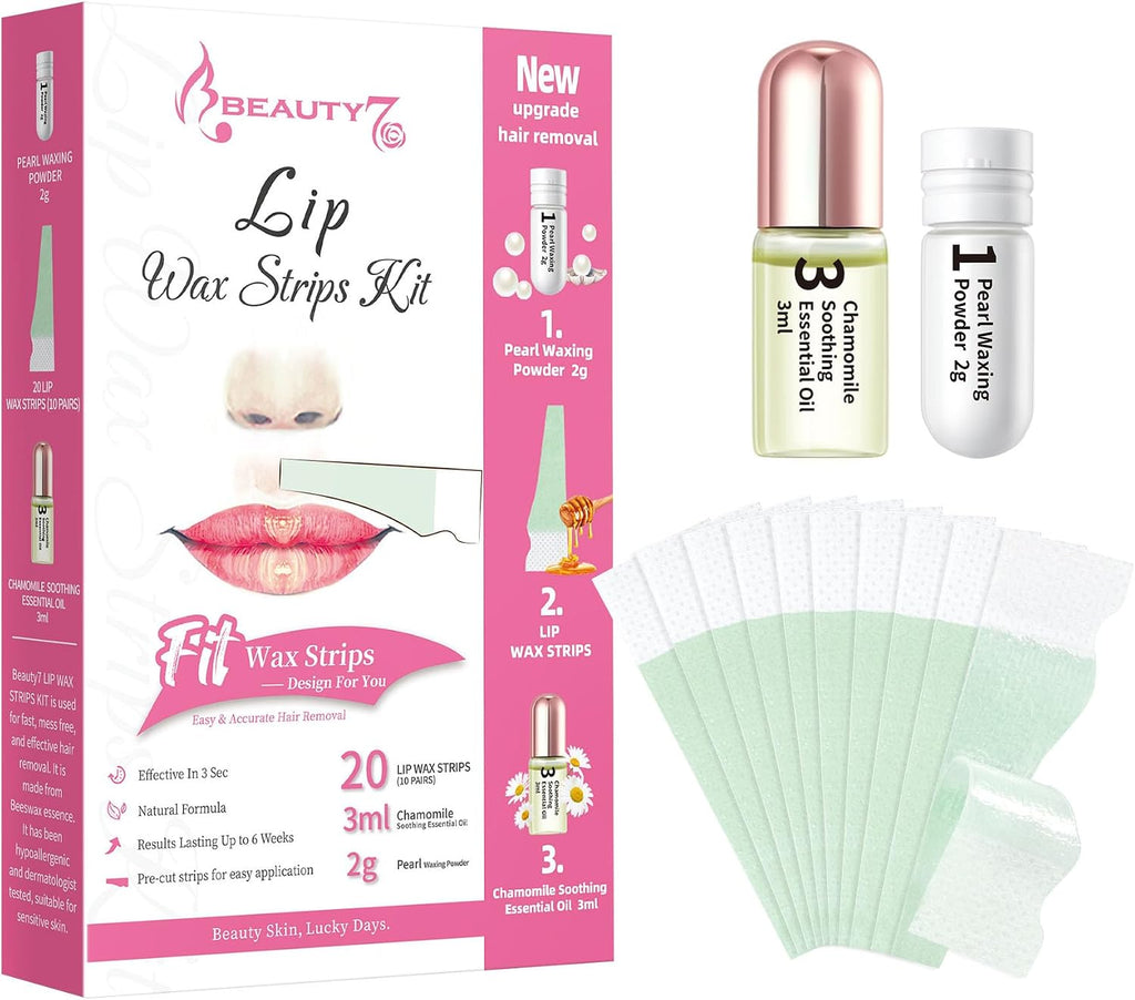 Beauty7 Lip Wax Strips Facial Wax Strips Hair Removal Wax Strips for Sensitive All Skin Types Women 20 pcs with Pearl Powder Essential Oil