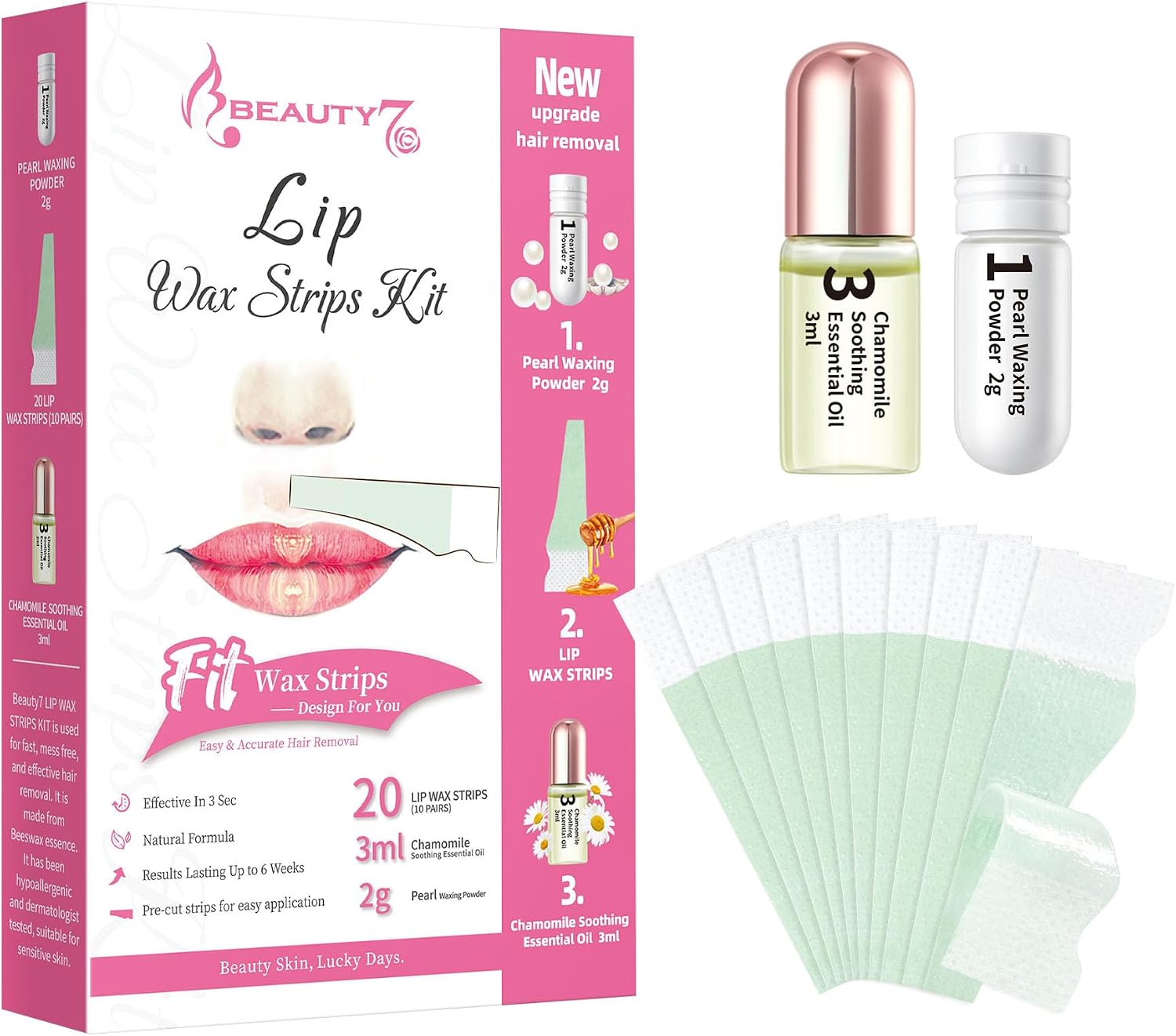 Beauty7 Lip Wax Strips Facial Wax Strips Hair Removal Wax Strips for Sensitive All Skin Types Women 20 pcs with Pearl Powder Essential Oil