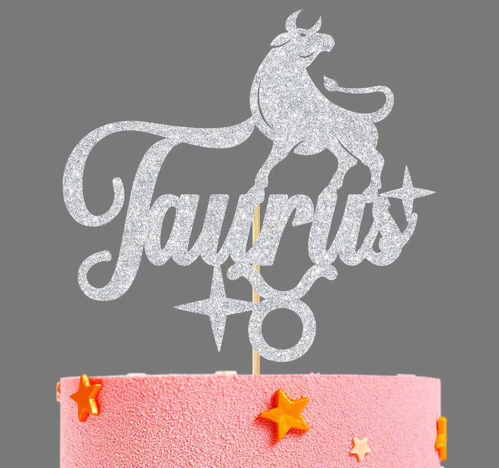 Ferburitar Silver Glitter Happy Birthday Taurus Cake Topper, Big Taurus Energy Cake Decor, 12 Constellation Theme Birthday Party Decoration Supplies for Boy Girl