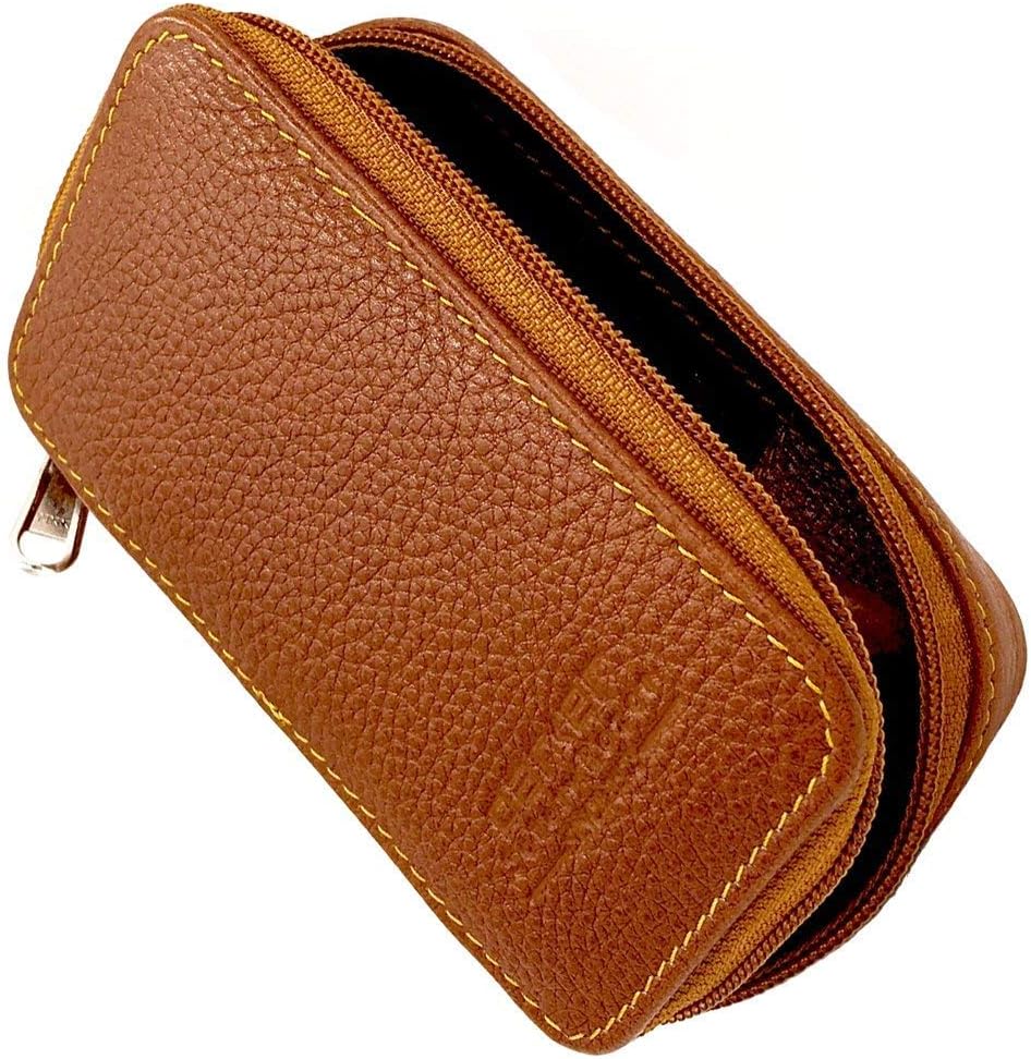 Parker Saddle‑Brown Leather Double Edge Safety Razor Case with Blade Compartment – Zip Travel Pouch