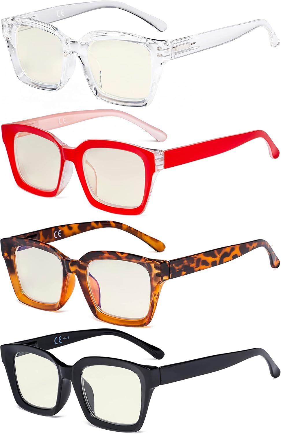Eyekepper 4 Pack Ladies Computer Glasses Oversized Square Design Blue Light Filter Readers +0.75
