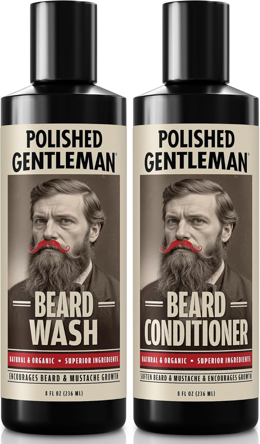 Polished Gentleman Beard Wash and Conditioner Set - Softens and Strengthens - Beard Shampoo with Growth Oil - Moisturizer & Beard Thickener - Tea Tree Unscented - Paraben-Free & Sulfate-Free (8oz)