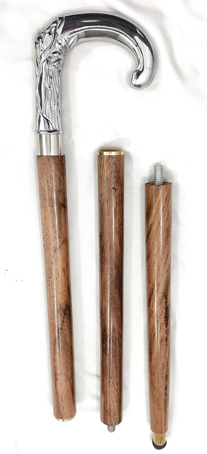 Elephant Walking Stick Brown Wooden Cane with Shinny Silver Brass Designer Handle Vintage Designer Walking Wooden Cane for Gift Men & Women (Elephant Trunk)