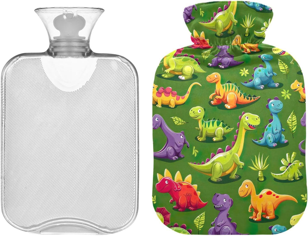 Cute Colorful Cartoon Dinosaurs Hot Water Bottle with Cute Cover 1L Durable Hot Water Bag Warm Water Bag for Menstrual Cramps, Neck and Shoulder Pain Relief
