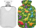 Cute Colorful Cartoon Dinosaurs Hot Water Bottle with Cute Cover 1L Durable Hot Water Bag Warm Water Bag for Menstrual Cramps, Neck and Shoulder Pain Relief
