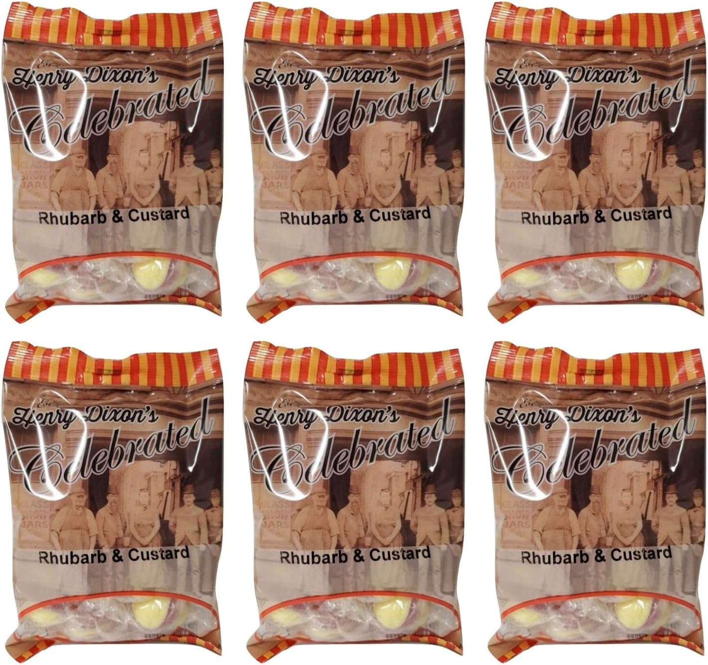 Henry Dixons Rhubarb & Custard Candy | Old Fashioned British Sweets | Individually Wrapped English Toffee | UK Favorites Hard Boiled Sweets | 4.23 Oz (Pack of 6)