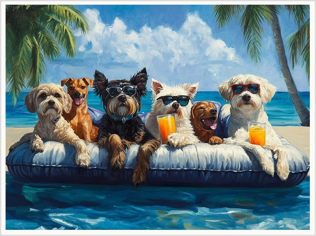 Dogs Pool Party Canvas Funny Summer Beach Art Playful Dog Wall Decor Vibrant Poolside Scene Cute Animal Print Posters for Pet Lovers Lounge Bathroom Kids Room Decor 11x14in Unframed