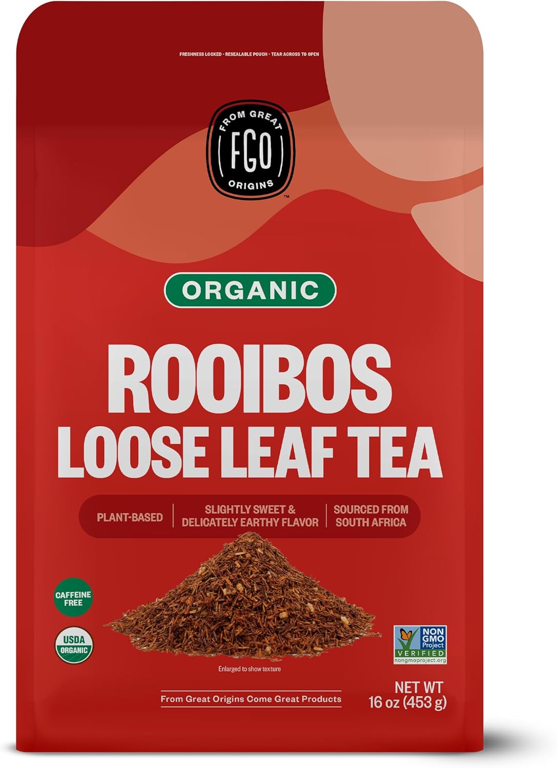 FGO Organic Rooibos Tea, 16 Ounce Loose Leaf Bulk Resealable Bag, Caffeine Free, Packaging May Vary (Pack of 1)