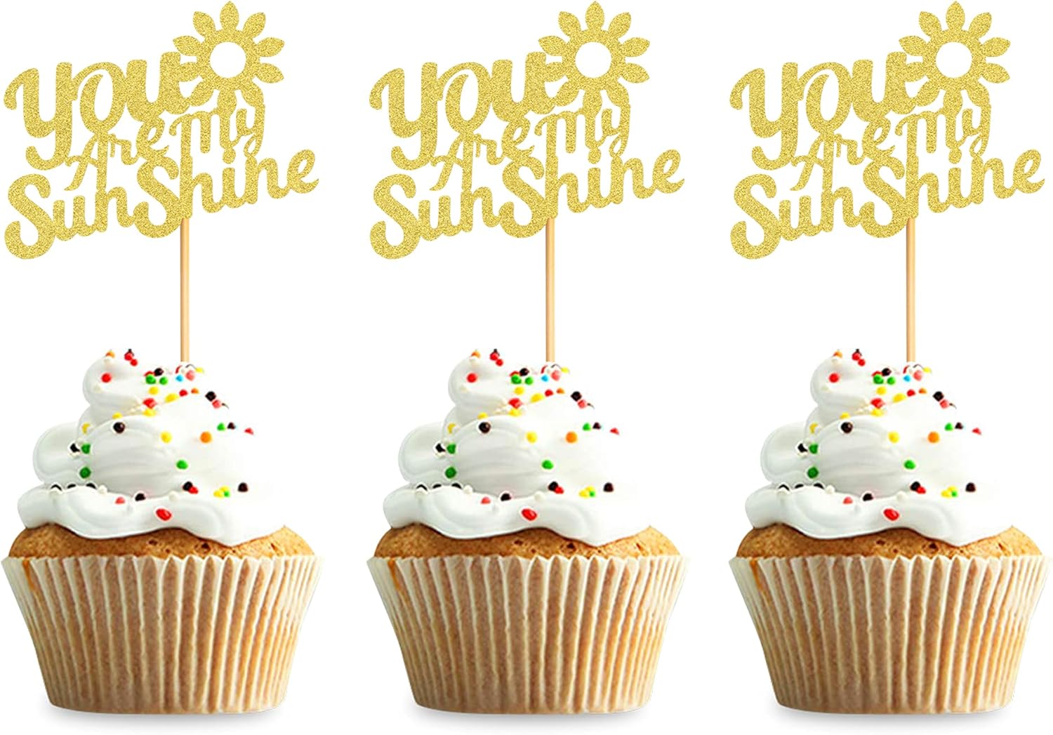 24Pcs Glitter Golden You are My Sunshine Cupcake Toppers for Sunshine Baby Shower Baby Gender Reveal Kids Boys Girls Birthday Cupcake Decorations Wedding Engagement Anniversary Party Decors