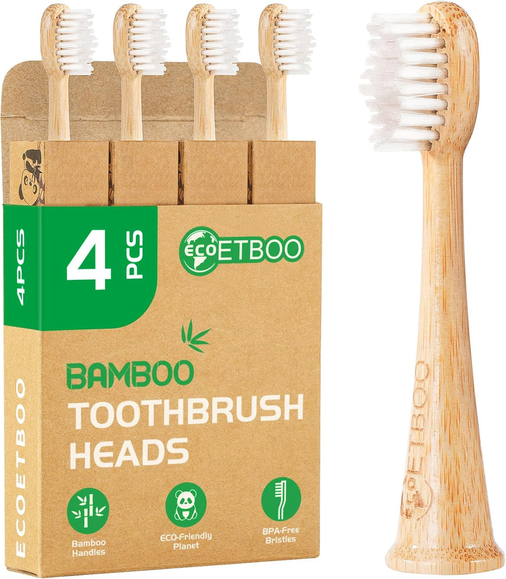 Bamboo Toothbrush Replacement Heads Compatible with Philips Sonicare, Soft Castor-Oil Biodegradable Bristles, Eco-Friendly Bamboo Handle, 4 Pack, Sustainable Daily Cleaning