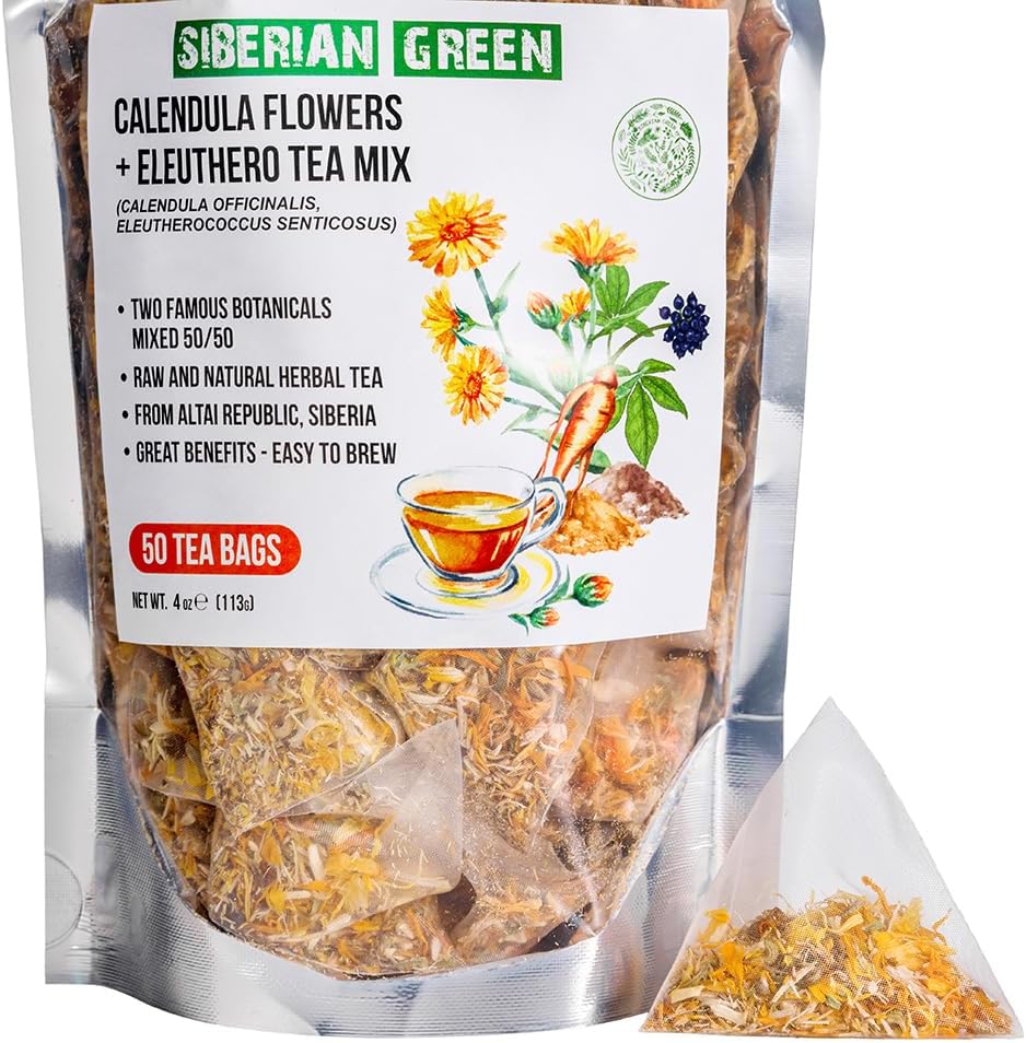 Siberian Green Ginseng Root and Calendula Flower Tea Bags – 50-Pack Herbal Tea Bags – Raw and Natural Botanical Ingredients – From Siberian Altai Republic – Easy to Brew