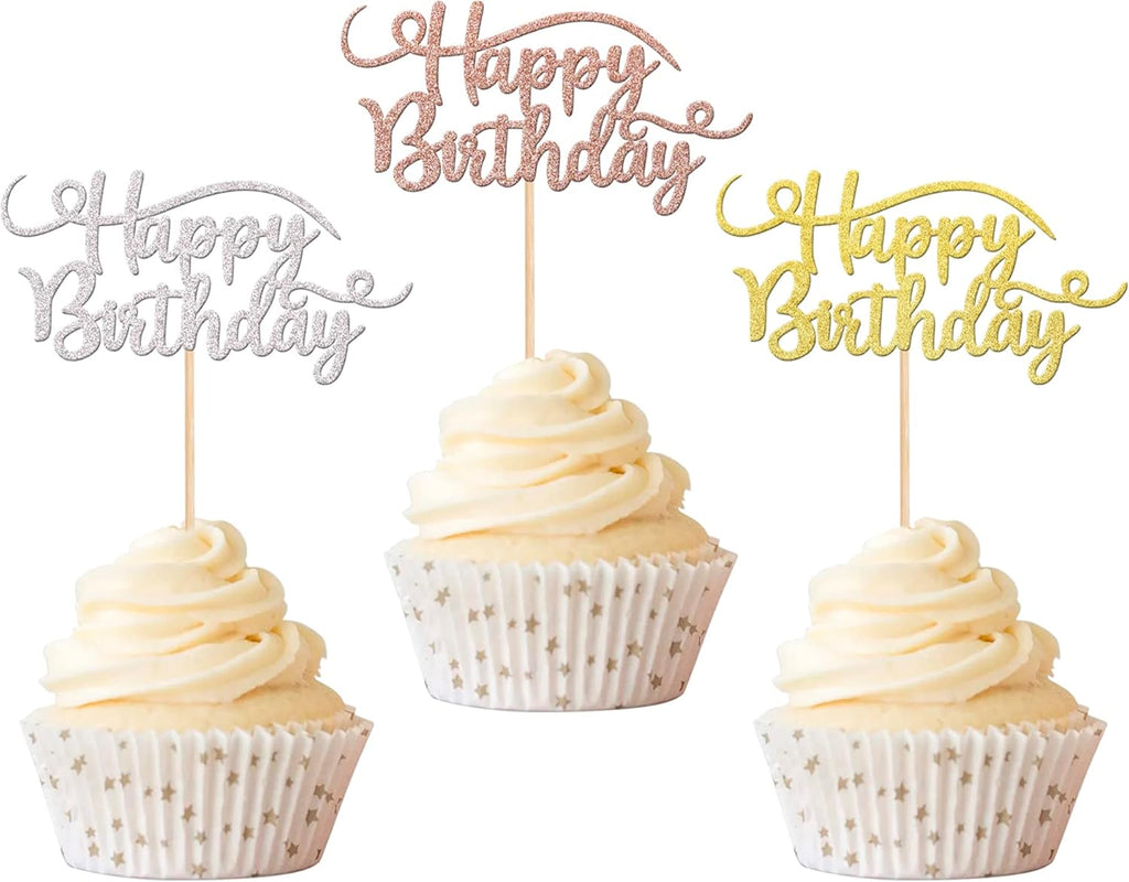 Rsstarxi 24 Pack Happy Birthday Cupcake Toppers Glitter Birthday Cupcake Food Picks for Celebrating Happy Birthday Party Cake Decorations Supplies Gold Rose gold Silver