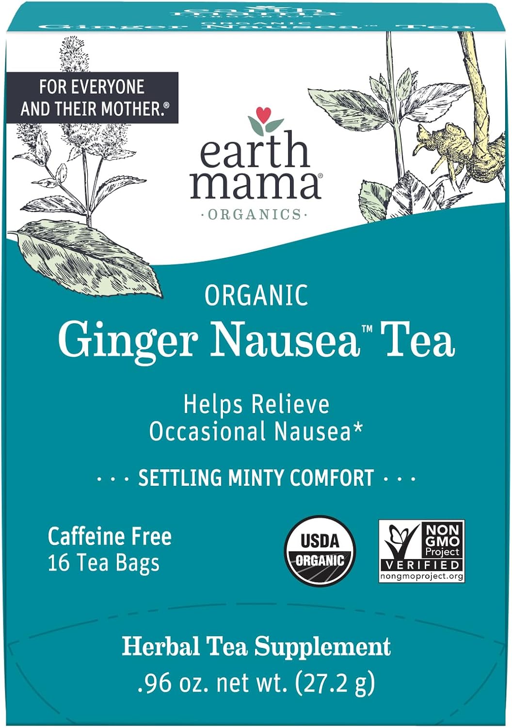 Earth Mama Organic Ginger Nausea™ Tea | Comforts Occasional Nausea + Morning Sickness, 16 Teabags Per Box