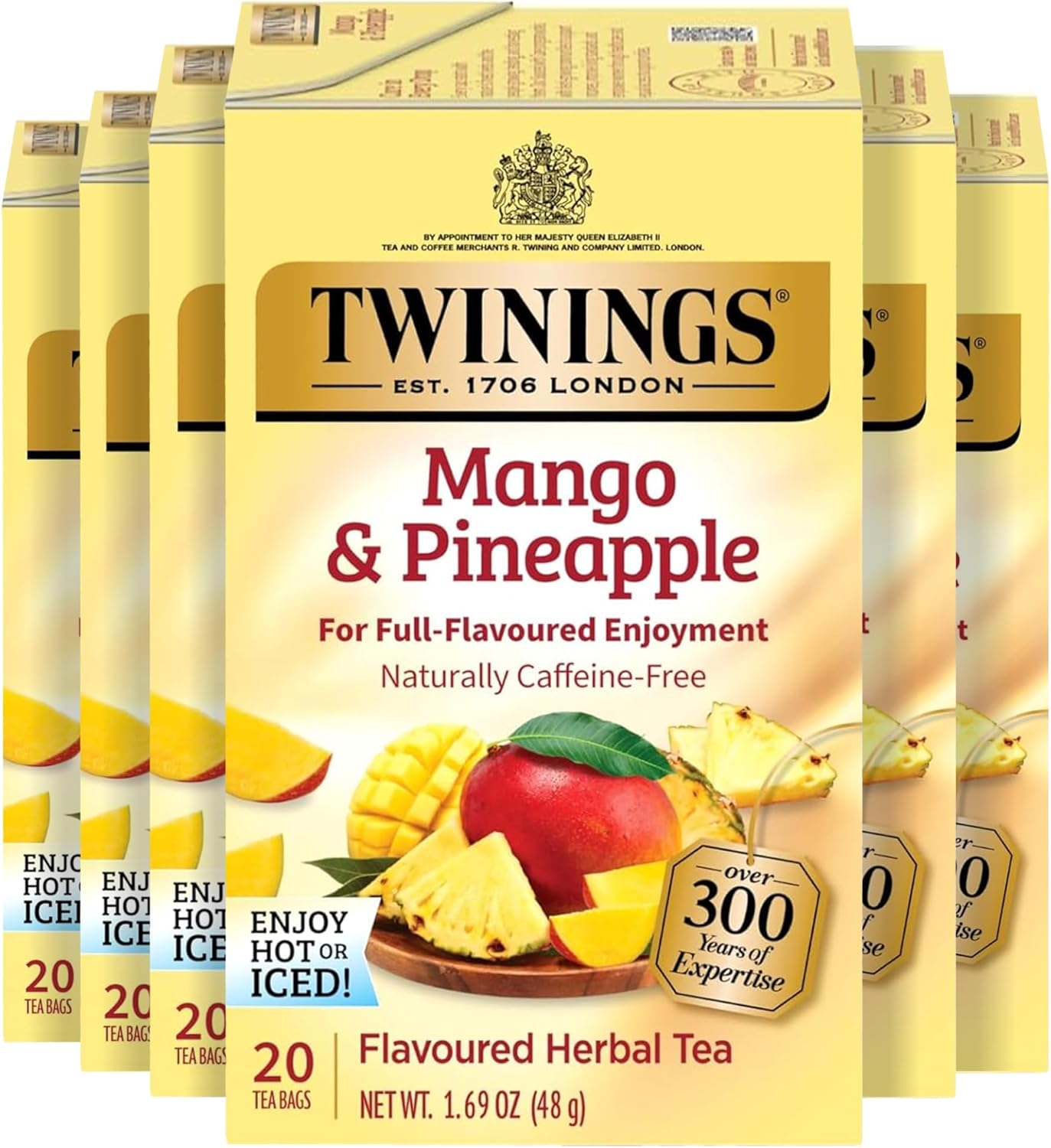 Twinings Mango & Pineapple Herbal Tea Individually Wrapped Bags, 20 Count (Pack of 6), Naturally Caffeine-Free, Enjoy Hot or Iced, 120 Teabags