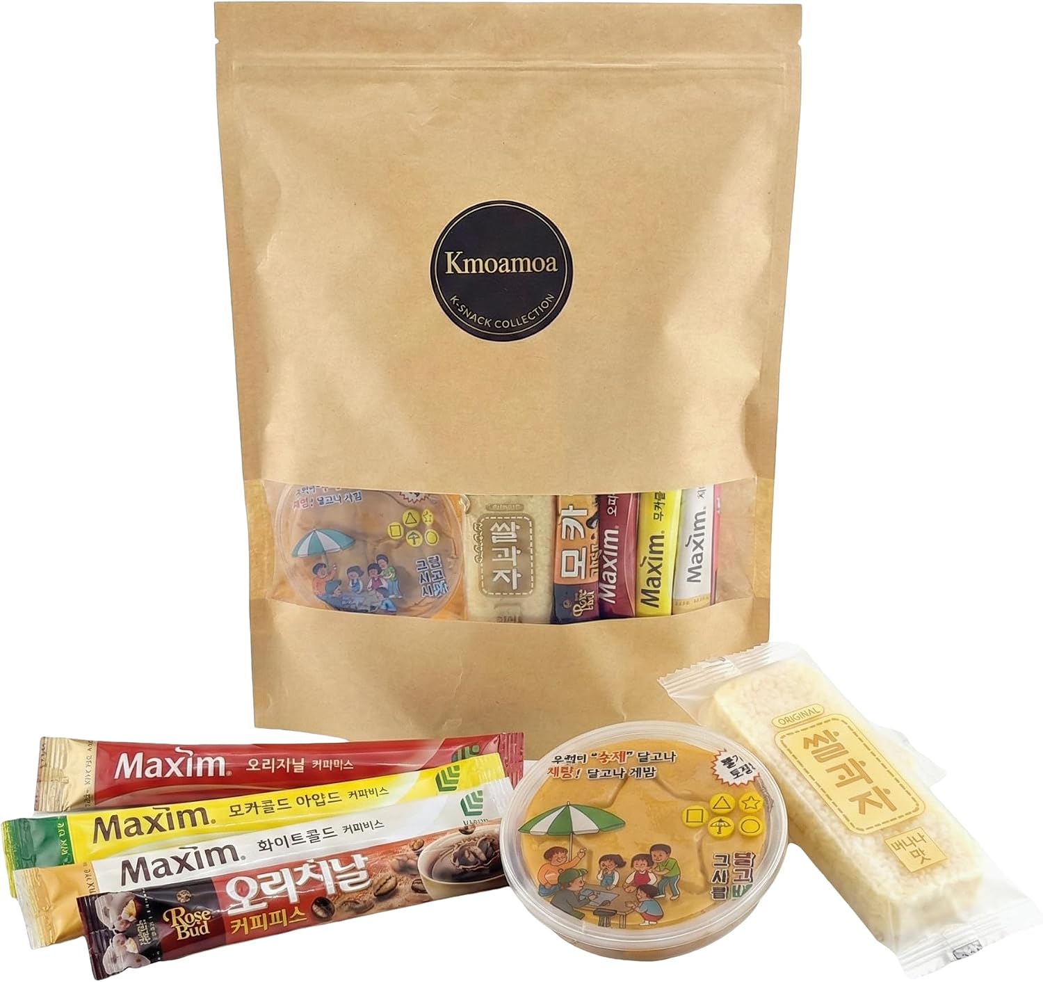 Korean Instant Coffee Packets Mix - 30 Sticks Variety Pack with Dalgona Candy & Rice Snacks | 5 Flavors Gift Set (Maxim Original, Mocha Gold)