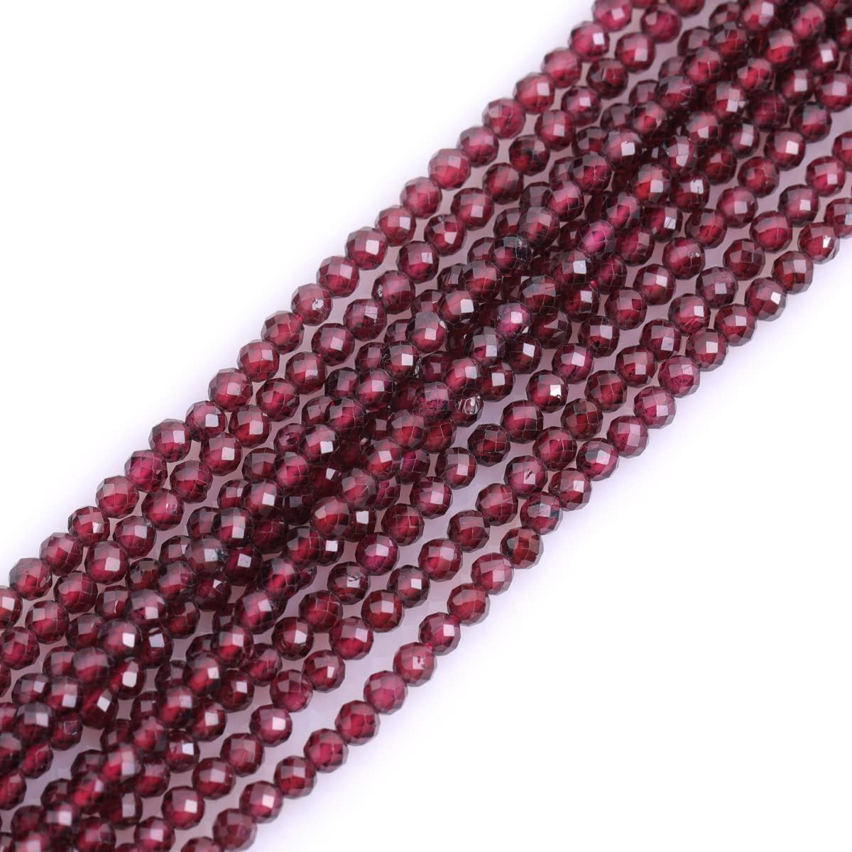 GEM-Inside Natural 3mm Red Garnet Gemstone Faceted Round Stone Loose Beads Crystal Energy Power for Jewelry Making 15"