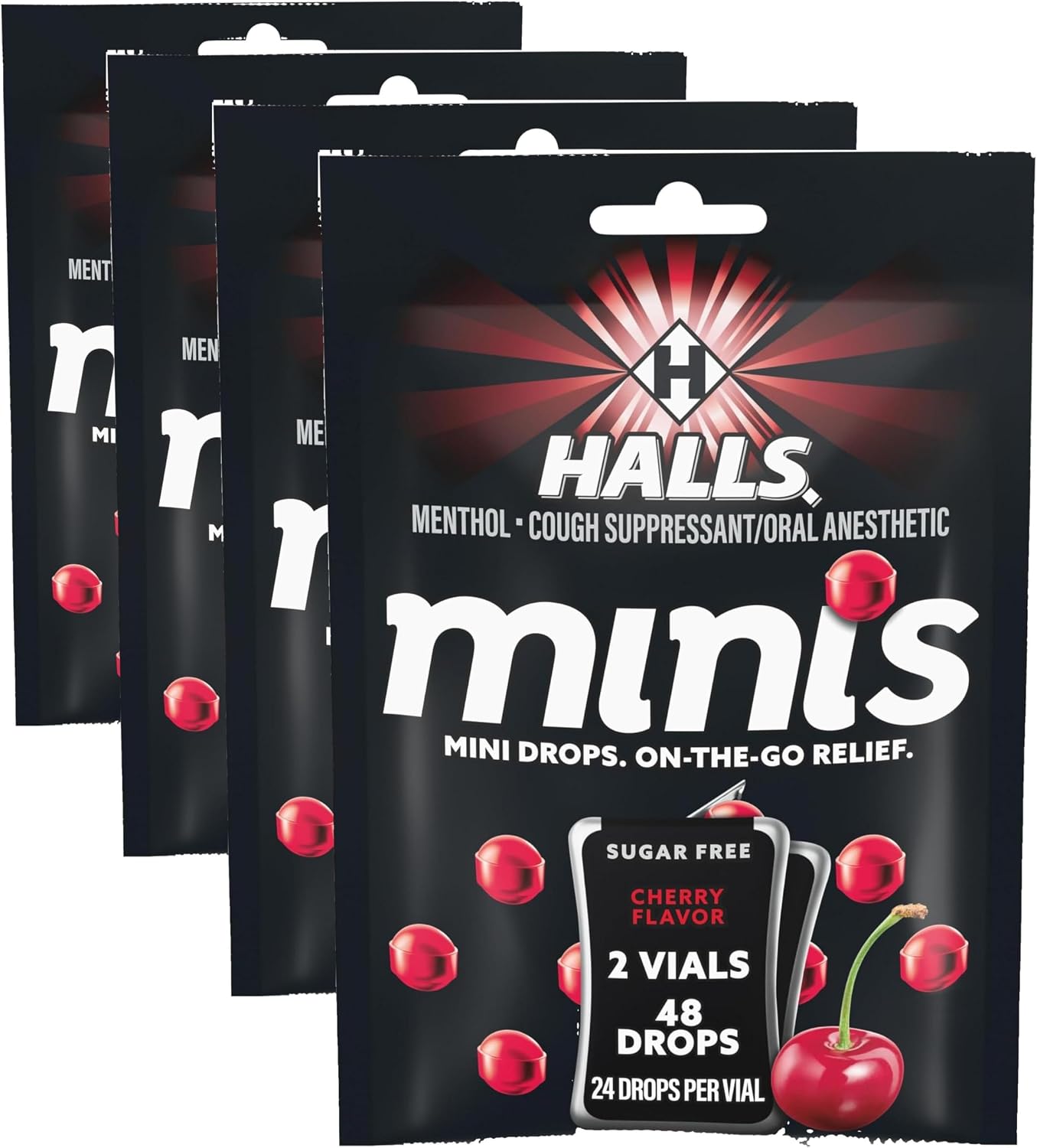 HALLS Minis Cherry Flavor Sugar Free Cough Drops, 48 Drops (Pack of 4)