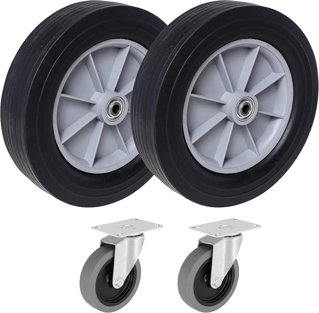 12" Solid Rubber Wheels & 4" Swivel Caster Set - Designed to Fit Rubbermaid Utility Carts & Tilt Trucks