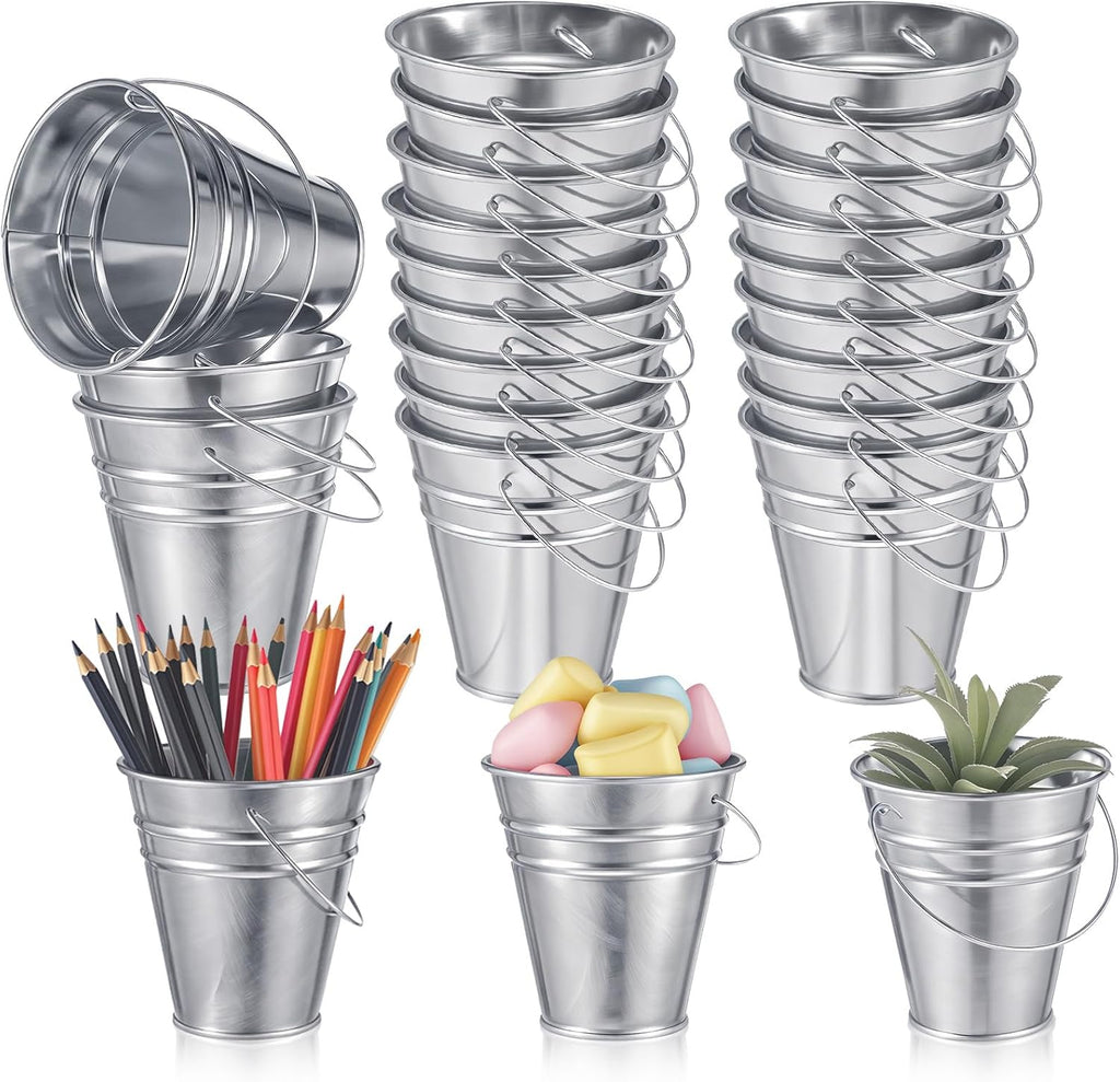 Sadnyy 24 Pcs 3.5in Small Metal Buckets with Handle, Mini Metal Pail Tin Galvanized Pail Container for Trick or Treat Flower Plant Craft Halloween Party Favors Garden Home Decoration (Silver)