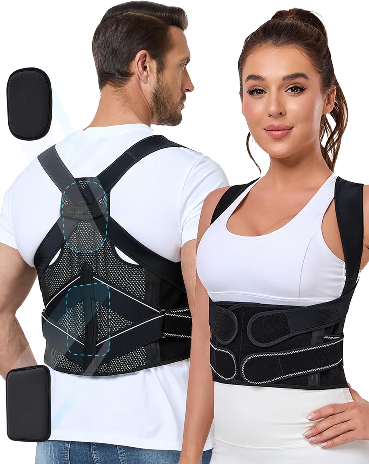 Posture Corrector for Women and Men with Bionic System, Precise Full Back Support Back Brace for Upper and Lower Back Pain Relief with Two 3D Pads