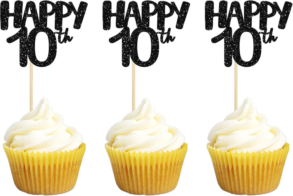 Gyufise 24 Pack Happy 10th Cupcake Toppers Black Number 10 Cupcake Picks for 10th Birthday Celebrating Wedding Anniversary Party Cake Decorations Supplies