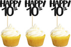 Gyufise 24 Pack Happy 10th Cupcake Toppers Black Number 10 Cupcake Picks for 10th Birthday Celebrating Wedding Anniversary Party Cake Decorations Supplies