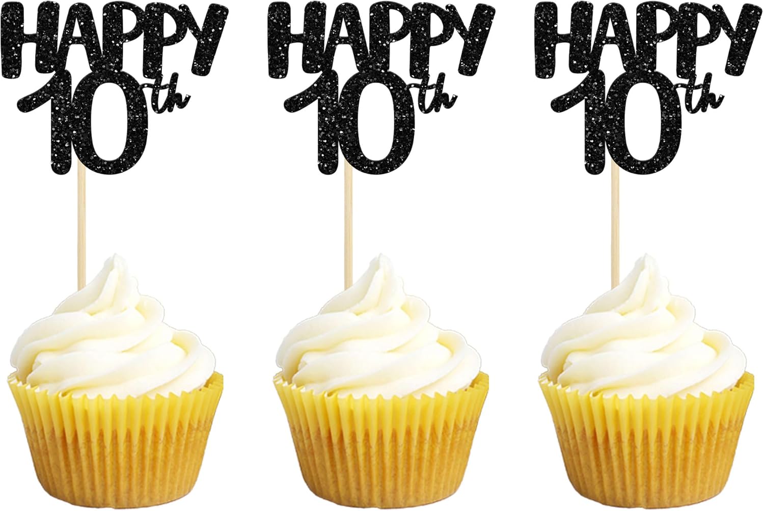 Gyufise 24 Pack Happy 10th Cupcake Toppers Black Number 10 Cupcake Picks for 10th Birthday Celebrating Wedding Anniversary Party Cake Decorations Supplies
