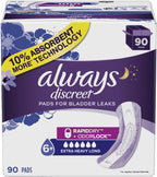 Always Discreet Plus Incontinence Pads, Extra Heavy Absorbency, Long (90 Count)
