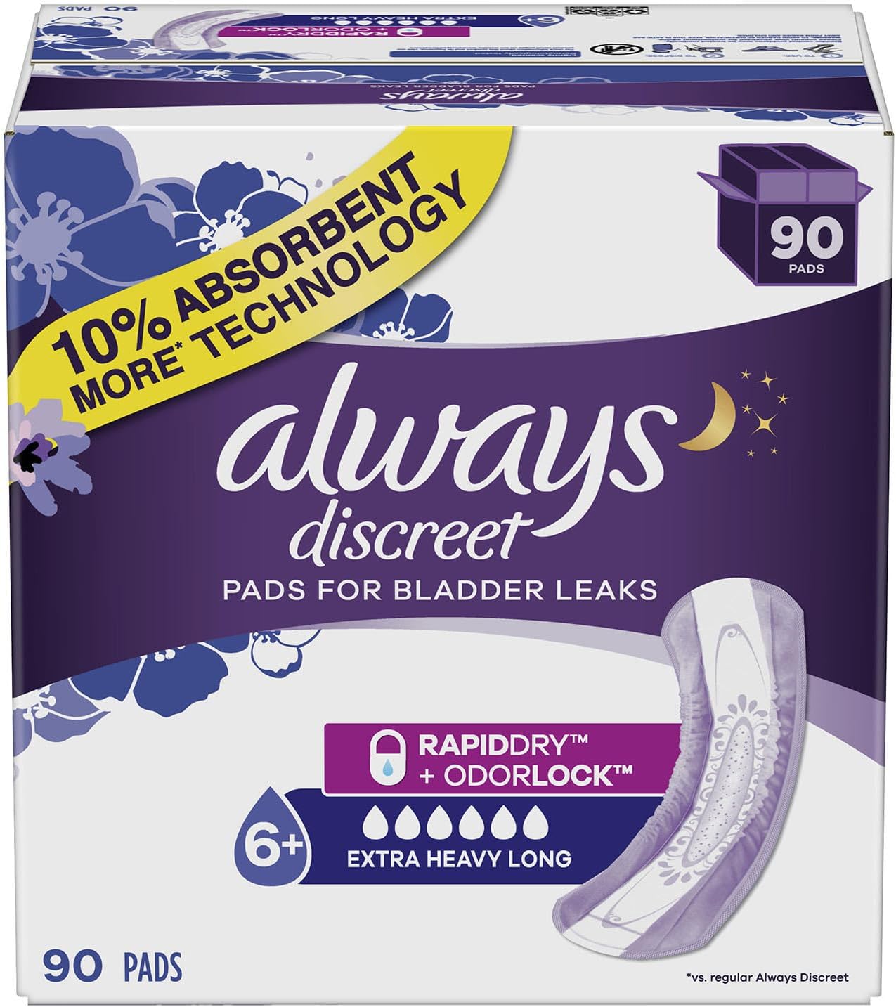 Always Discreet Plus Incontinence Pads, Extra Heavy Absorbency, Long (90 Count)