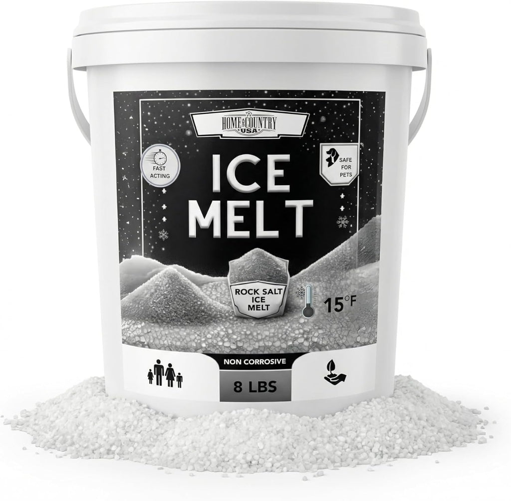 Rock Salt Ice Melt Pail Effective to -25°F, Eco-Friendly De-Icer, Optimal Granule Size for Quick Melting, Ideal for Driveways, Walkways, and Entryways (8 lb)