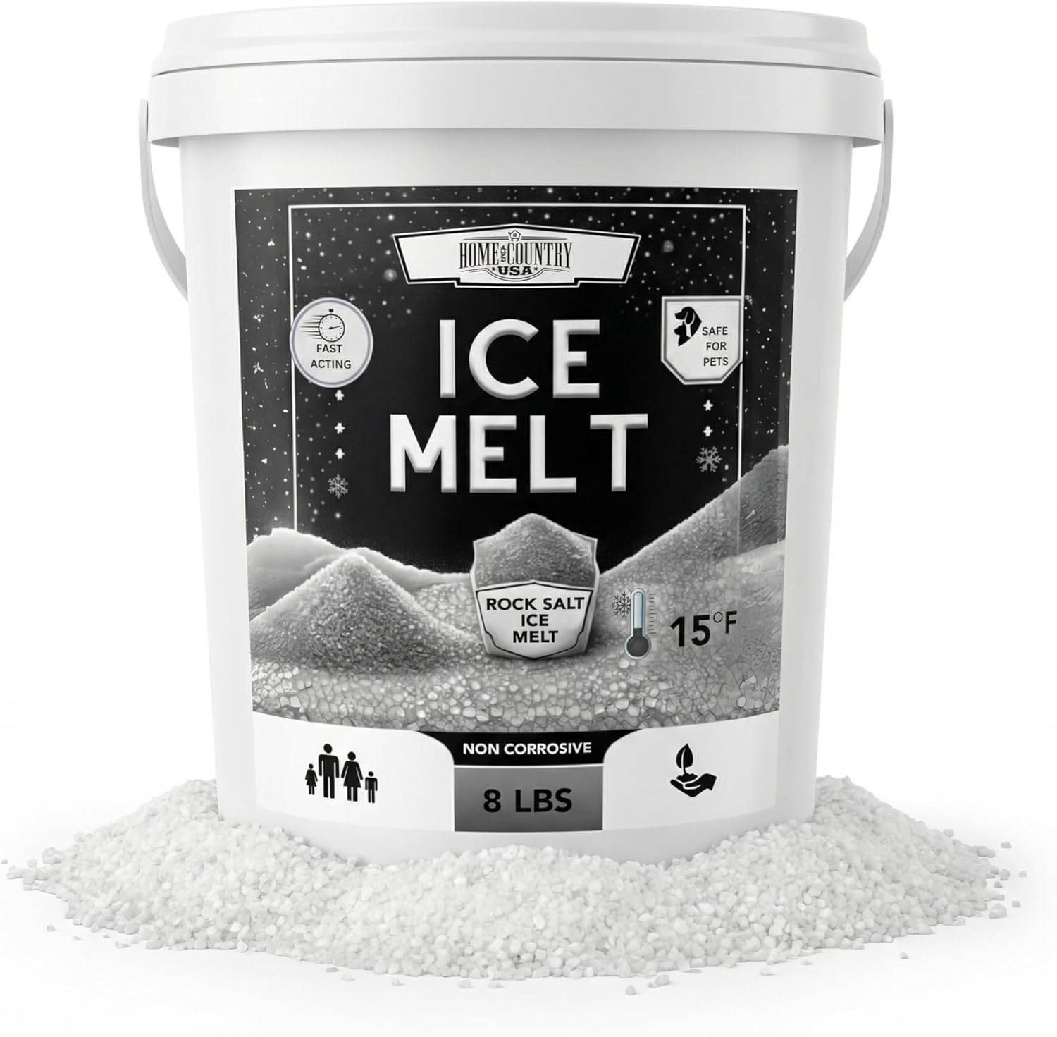 Rock Salt Ice Melt Pail Effective to -25°F, Eco-Friendly De-Icer, Optimal Granule Size for Quick Melting, Ideal for Driveways, Walkways, and Entryways (8 lb)