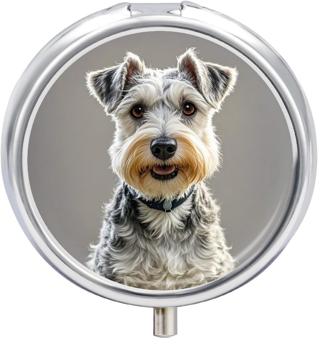 Animal Schnauzer Dog Pill Organizer Portable Metal Round Pill Box with 3 Compartments Exquisite Unique Small Pill Case Travel Pill Container Medicine Organizer Box for Adult & Gift