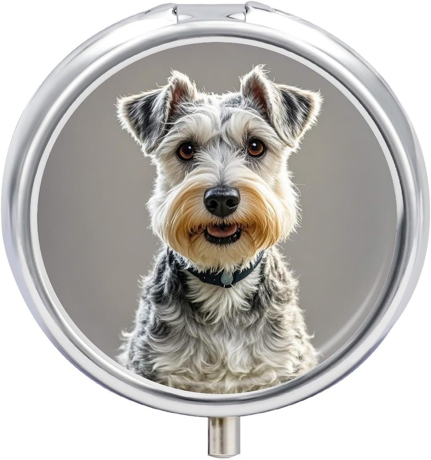 Animal Schnauzer Dog Pill Organizer Portable Metal Round Pill Box with 3 Compartments Exquisite Unique Small Pill Case Travel Pill Container Medicine Organizer Box for Adult & Gift