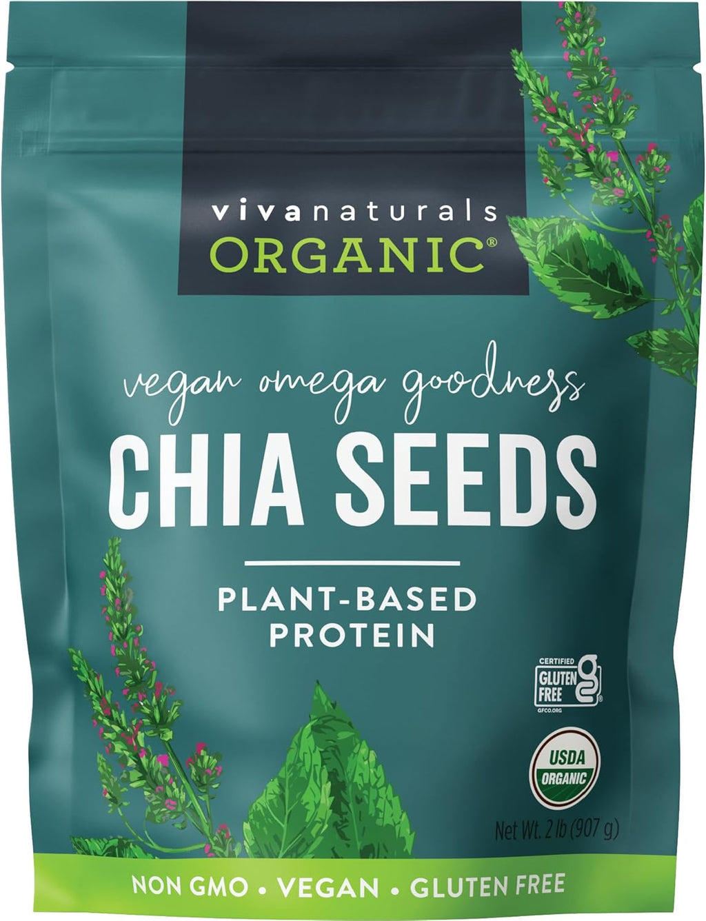 Viva Naturals Organic Chia Seeds, 2 lb, 32 Oz – Plant-Based Omega-3 and Vegan Protein, Gluten Free & Non-GMO, Perfect for Smoothies, Salads & Chia Pudding