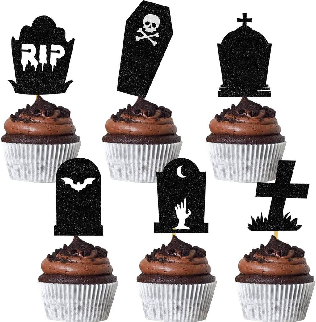 Halloween Tombstone Cupcake Toppers Glitter RIP Spooky Skull Food Picks Cemetery Graves Zombie Birthday Party Decoration 24PCS