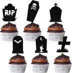 Halloween Tombstone Cupcake Toppers Glitter RIP Spooky Skull Food Picks Cemetery Graves Zombie Birthday Party Decoration 24PCS