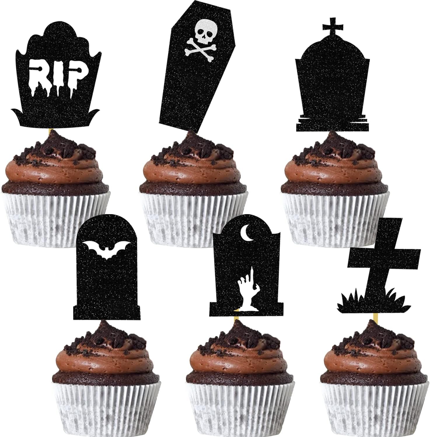 Halloween Tombstone Cupcake Toppers Glitter RIP Spooky Skull Food Picks Cemetery Graves Zombie Birthday Party Decoration 24PCS