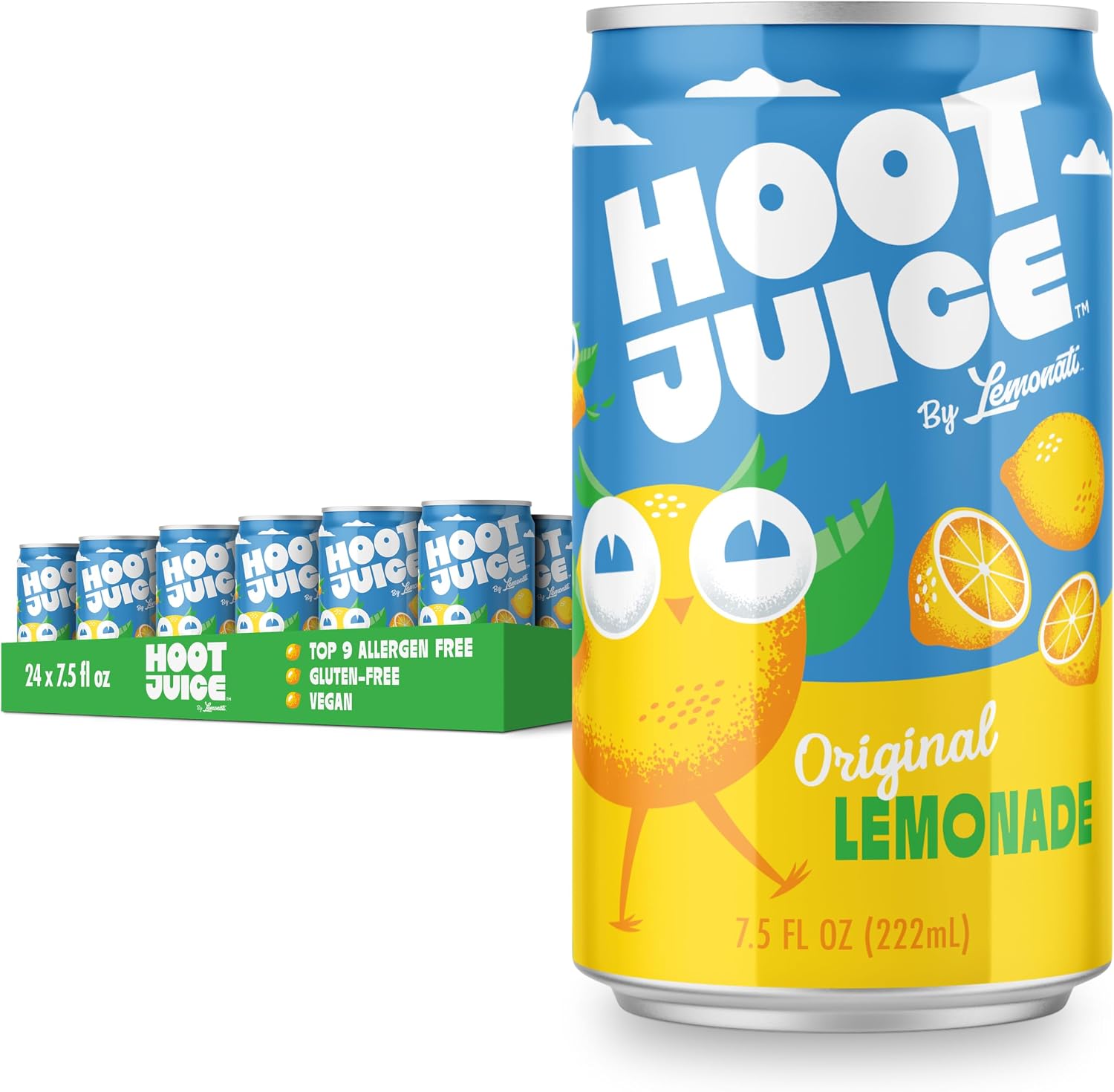 Hoot Juice Lemonade By Lemonati, No Artificial Sweeteners or Flavors, Gluten-Free, Kosher, Non-GMO, Vegan, 7.5 Fl Oz Mini-Cans, Pack of 24, Original Lemonade